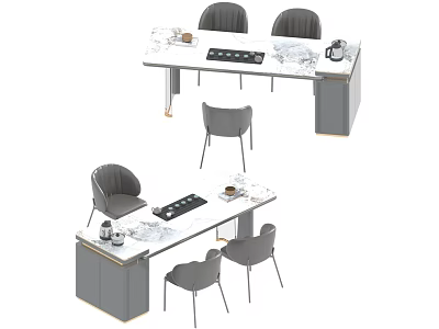 Modern Dining Table With Induction Hob Grey Chairs White Countertop Cups Trays 3d model