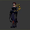 Purple Haired Fantasy Character With Biomechanical Arms Dark Outfit Yellow Red Accents
