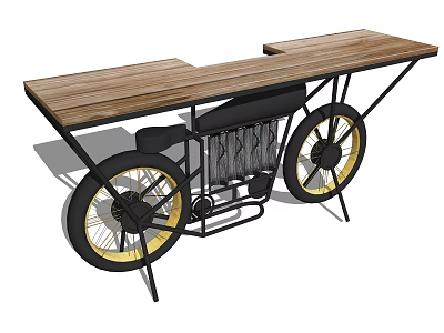 Unique Industrial Style Table With Bicycle Wheels Wooden Top And Metal Frame 3d model