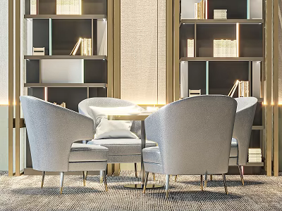 Gray Velvet Accent Chairs with Gold Legs in Elegant Interior Near Bookshelves and Soft Carpet 3d model
