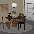 Modern Restaurant Interior With Round Wooden Dining Table Chairs Pendant Lamp Wall Art And Plant