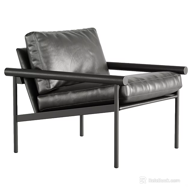 Modern Black Leather Leisure Chair With Black Metal Frame And Armrests Design 3d model 