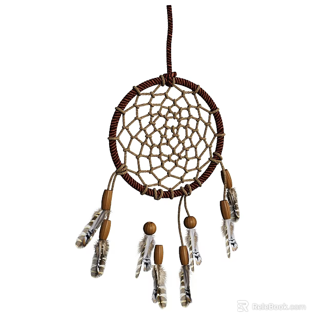 Handmade Decorative Ornament Set with Dreamcatcher Woven Web Brown Rope Tassels Feathers and Wooden Beads 3d model 