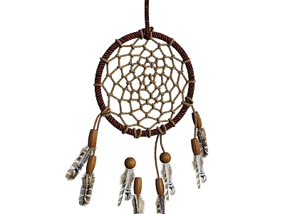 Handmade Decorative Ornament Set with Dreamcatcher Woven Web Brown Rope Tassels Feathers and Wooden Beads 3d model