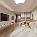 Warm Natural Wood Living And Dining Room Interior Design With Comfortable Sofas And Elegant Artworks
