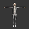 A Man Wearing Black Denim Jacket And Beige Hoodie With Arms Outstretched Against Gray Background 3d model