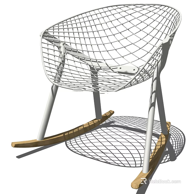 Modern Metal Mesh Leisure Chair with White Frame and Wooden Rockers 3d model 