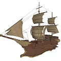 Vintage Wooden Sailing Ship With Canvas Sails And Wooden Masts Design