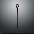 Ornate Magical Staff Weapon With Wooden Body Red Curved Top And Intricate Carvings