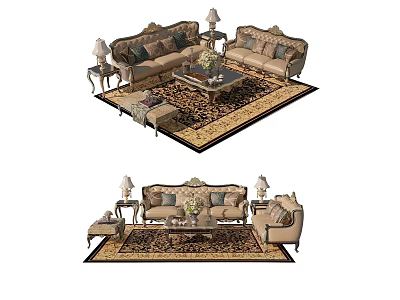 Classical Carved Sofa And Coffee Table Set With Table Lamps Floral Rug And Ottoman 3d model