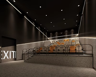 Modern Cinema Interior With Staircase Seating Orange Gray Seats Lighting And EXIT Sign 3d model