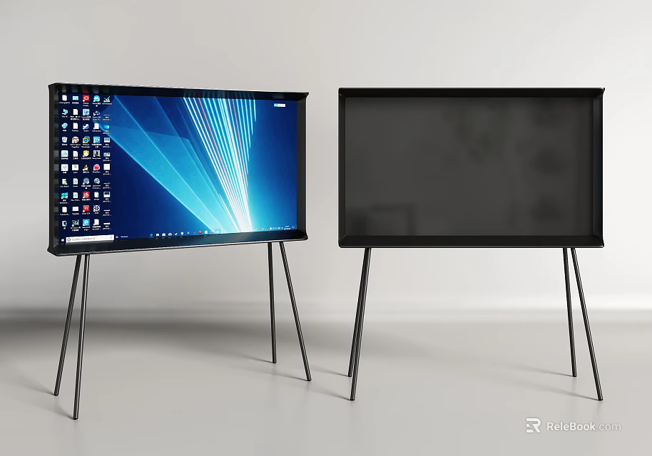Two Modern Flat Screen Televisions With Tripod Stands In Minimalist Room 3d model 