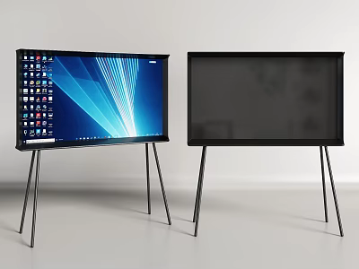 Two Modern Flat Screen Televisions With Tripod Stands In Minimalist Room 3d model