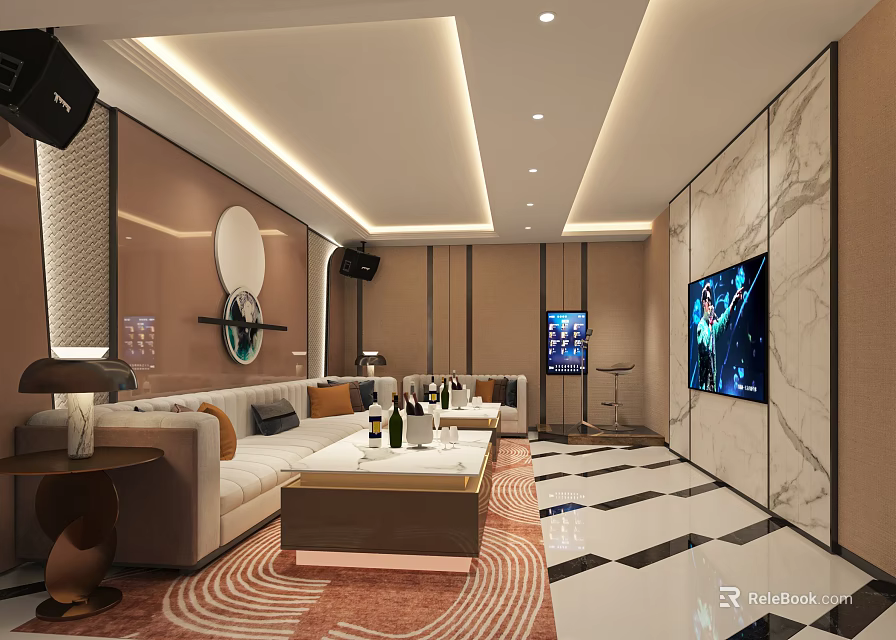 Modern Luxury KTV Interior With Comfortable Sofa Coffee Table TV Screen And Elegant Lighting 3d model 