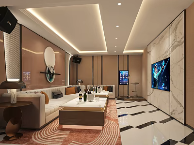 Modern Luxury KTV Interior With Comfortable Sofa Coffee Table TV Screen And Elegant Lighting 3d model