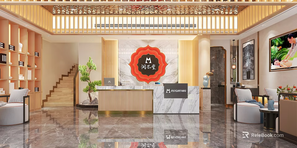 Store Front Desk with Marble Countertop Wooden Decor Green Plant Modern Elegant Lighting and Logo 3d model 