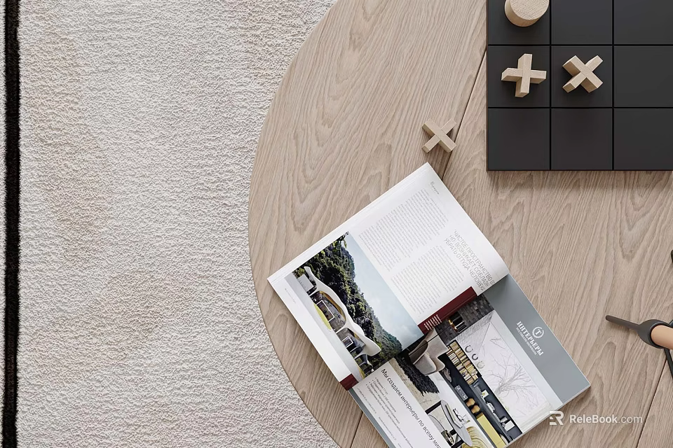 Round Wooden Coffee Table on Light Gray Rug with Open Magazine and Decorative Checkerboard Tray 3d model 