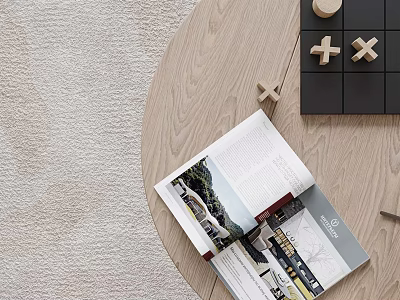 Round Wooden Coffee Table on Light Gray Rug with Open Magazine and Decorative Checkerboard Tray 3d model