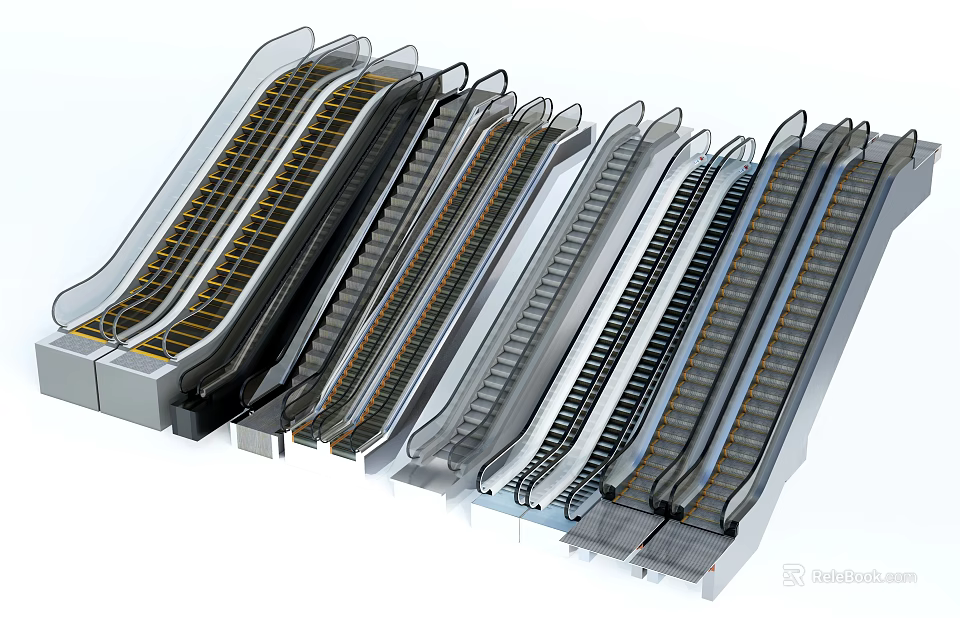 Modern Escalators with Metal Frame Step Design and Commercial Building Application 3d model 