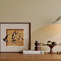 Decorative Ornament Set Including Abstract Painting Table Lamp Stacked Ornaments Books And Fruit Tray