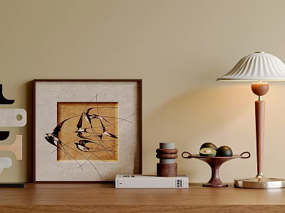 Decorative Ornament Set Including Abstract Painting Table Lamp Stacked Ornaments Books And Fruit Tray 3d model