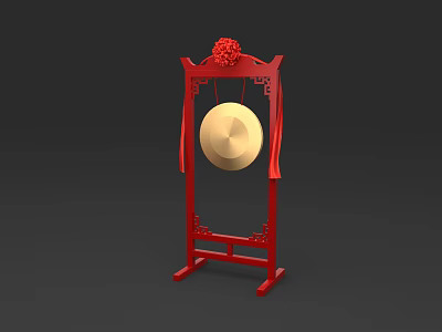 Traditional Musical Instrument Gong on Red Ornate Stand with Decorative Flower 3d model
