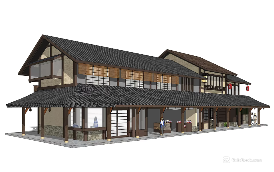 Traditional Two Story Commercial Complex With Wooden Veranda Black Roof And Shops 3d model 