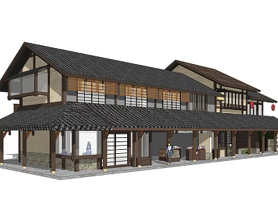 Traditional Two Story Commercial Complex With Wooden Veranda Black Roof And Shops 3d model