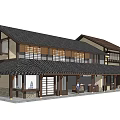 Traditional Two Story Commercial Complex With Wooden Veranda Black Roof And Shops