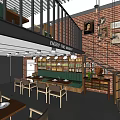 Industrial Style Restaurant Interior With Wooden Walls Brick Accents Hanging Lights And Dining Tables