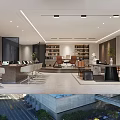 Modern Office Interior With Glass Partitions Wooden Wall Bookshelves Desk Green Plant And Circular Platform