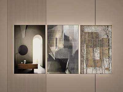 Modern Wall Decor With Three Artistic Paintings Wooden Table And Round Mirror 3d model