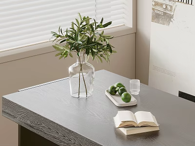 Decorative Ornament Set With Clear Glass Vase Olive Branches Limes And Open Book 3d model