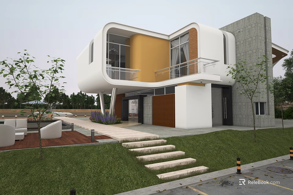 Modern Single Family House Exterior With White Yellow Facade Balcony Stairs And Lawn 3d model 
