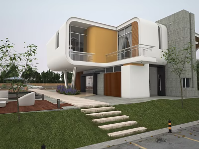 Modern Single Family House Exterior With White Yellow Facade Balcony Stairs And Lawn 3d model