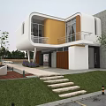 Modern Single Family House Exterior With White Yellow Facade Balcony Stairs And Lawn