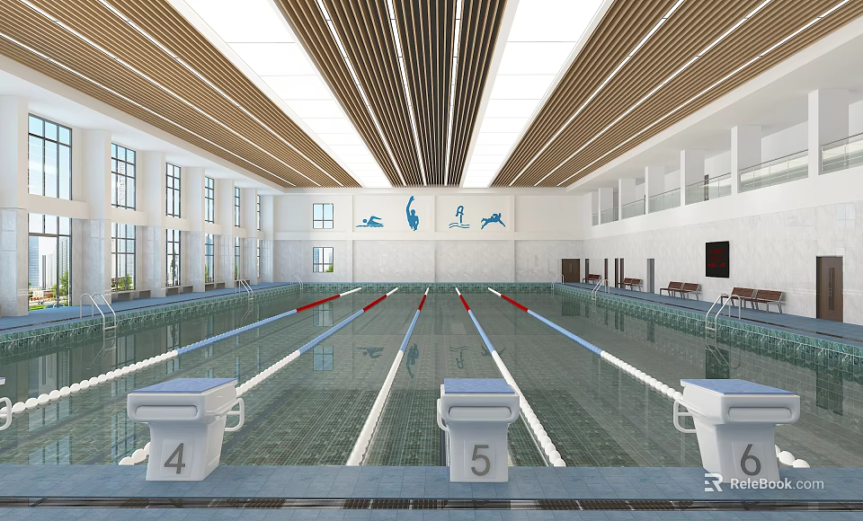 Indoor Swimming Pool With Numbered Lanes 4 5 6 Large Windows And Wooden Strip Ceiling 3d model 