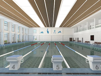 Indoor Swimming Pool With Numbered Lanes 4 5 6 Large Windows And Wooden Strip Ceiling 3d model