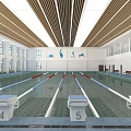 Indoor Swimming Pool With Numbered Lanes 4 5 6 Large Windows And Wooden Strip Ceiling