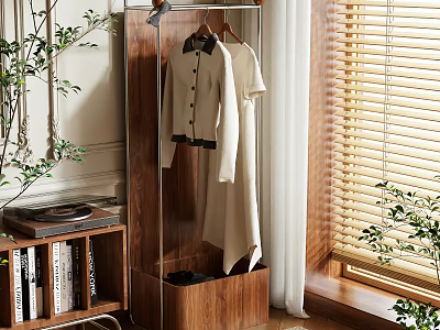 Wooden Standing Clothes Rack With Hanging Clothes Green Plants Bookshelf And Window Blinds 3d model