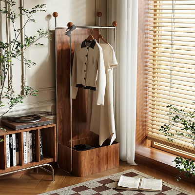 Wooden Standing Clothes Rack With Hanging Clothes Green Plants Bookshelf And Window Blinds 3d model