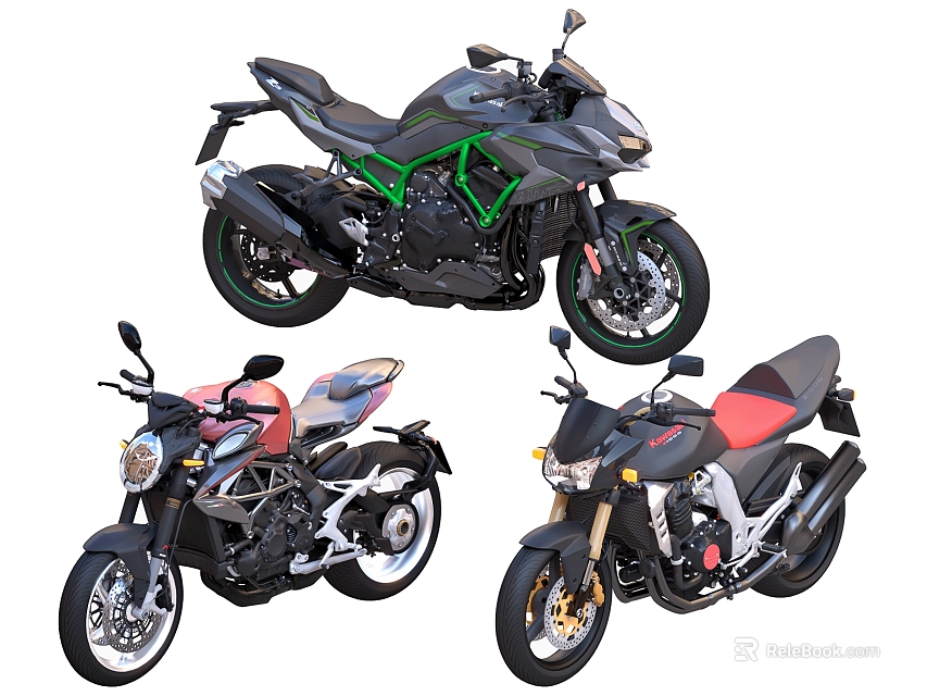 Three Stylish Motorcycles With Black Red And Gray Bodies Green Accents And Sporty Designs 3d model 