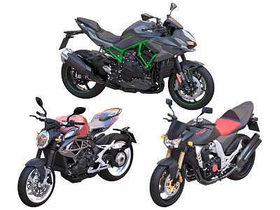 Three Stylish Motorcycles With Black Red And Gray Bodies Green Accents And Sporty Designs 3d model