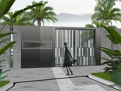 Modern Building Facade With Palm Trees Greenery And Slatted Marble Entrance Gate 3d model
