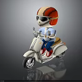 Cartoon Character Riding White Scooter With Red Orange Helmet Sunglasses White Shirt Blue Pants
