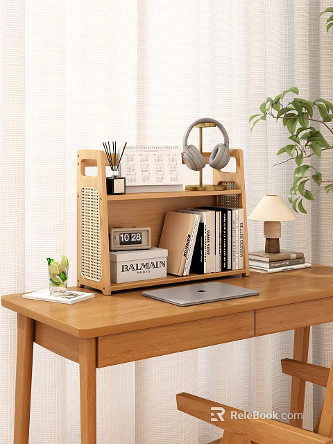 Organized Wooden Desk With Shelf Headphones Calendar Laptop Table Lamp Books And Green Plant 3d model 