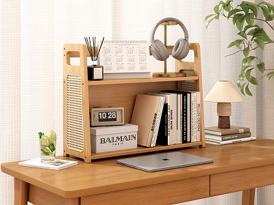 Organized Wooden Desk With Shelf Headphones Calendar Laptop Table Lamp Books And Green Plant 3d model