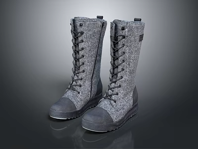 Gray Tall Lace Up Boots With Felt Upper And Dark Rubber Sole 3d model