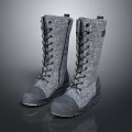 Gray Tall Lace Up Boots With Felt Upper And Dark Rubber Sole