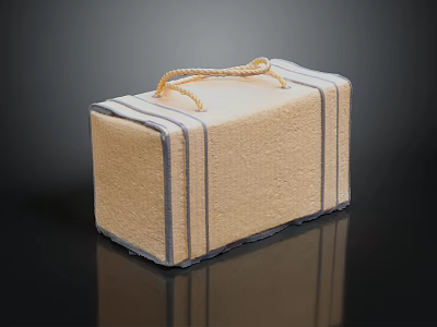 Beige Fabric Storage Box With Gray Stripes And Rope Handle For Home Organization 3d model